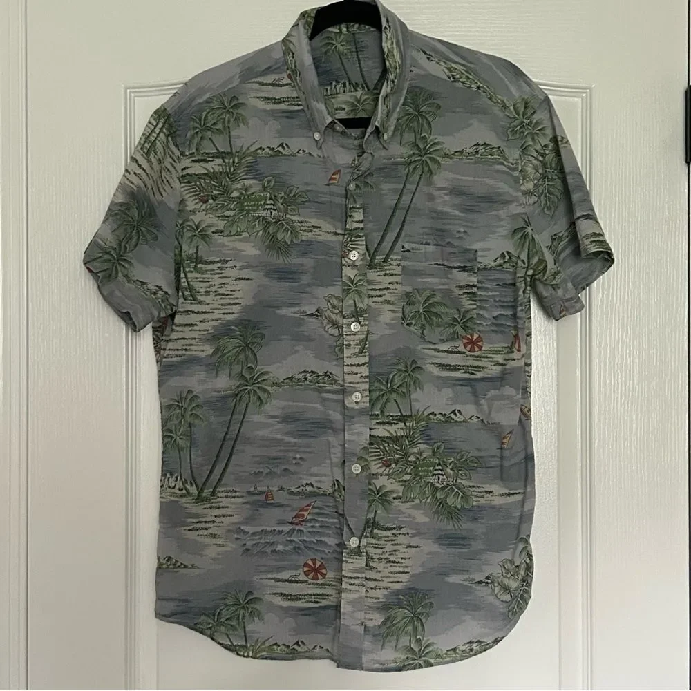 J. Crew Men’s Gray Hawaiian Tropical Beachy Short Sleeve Shirt Size Extra Large